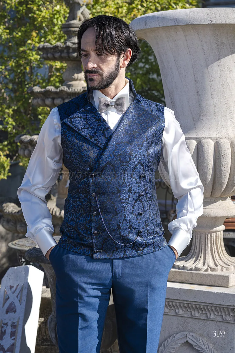 Abito Sposo Coreana Blu Royal con Gilet Damascato – Piano americano, Gilet
