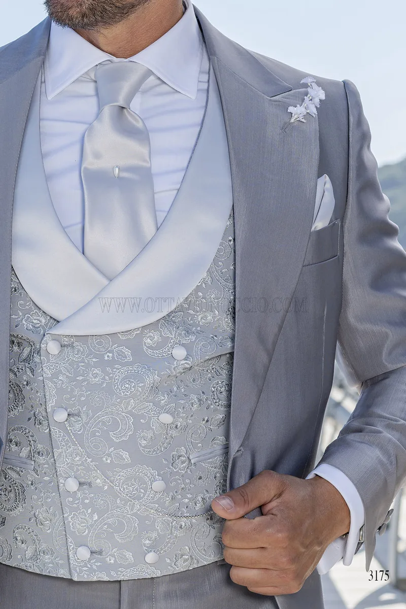 Gilet doppiopetto sciallato misto lana ricamato grigio perla