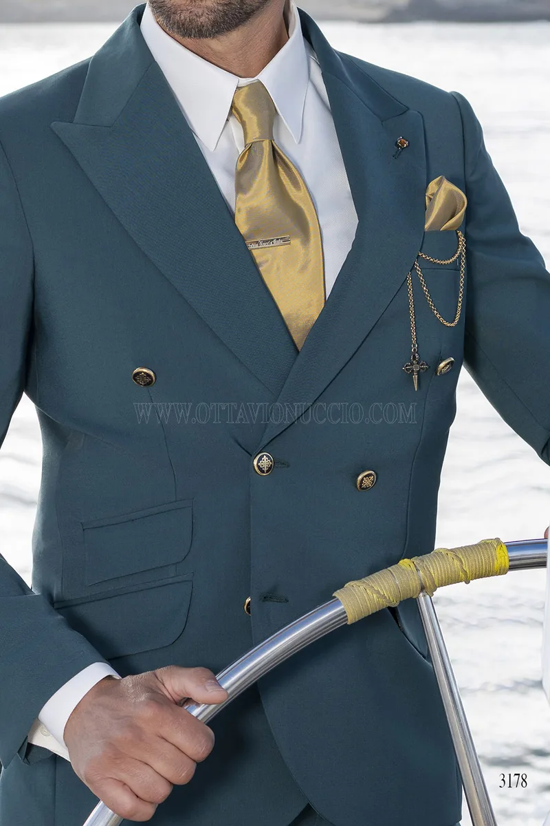 Suit Double-Breasted Tailored Petrol Green – Waist-up view