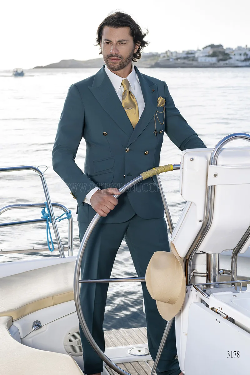 Suit Double-Breasted Tailored Petrol Green – Full-length view