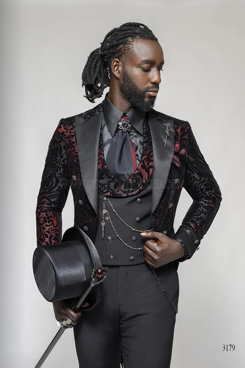 Tailcoat Steampunk in Brocade Velvet - Black and Burgundy - Limited Edition – Three-quarter view