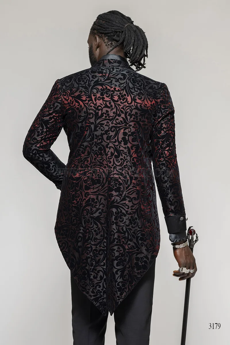 Tailcoat Steampunk in Brocade Velvet - Black and Burgundy - Limited Edition – Three-quarter view, Back view