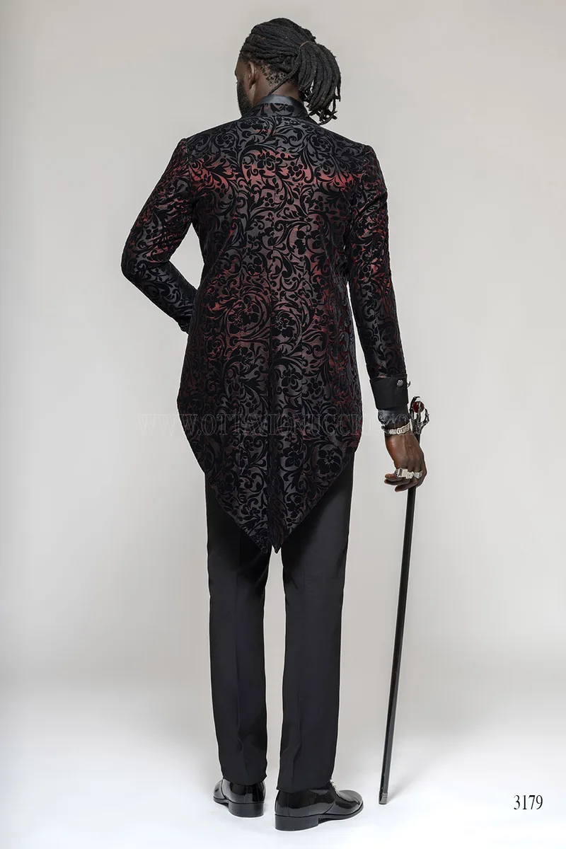 Tailcoat Steampunk in Brocade Velvet - Black and Burgundy - Limited Edition – Full-length view, Back view