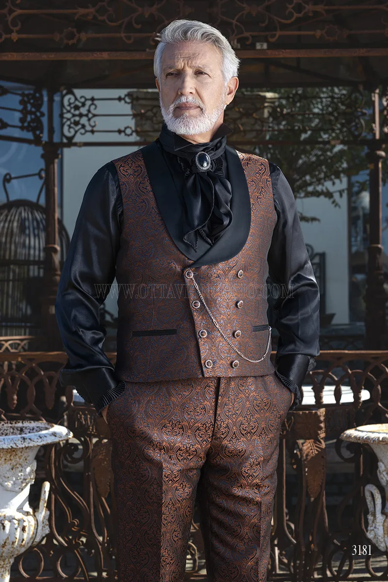 Redingote da Cerimonia Uomo in Broccato - Marrone Bronzo – Piano americano, Gilet