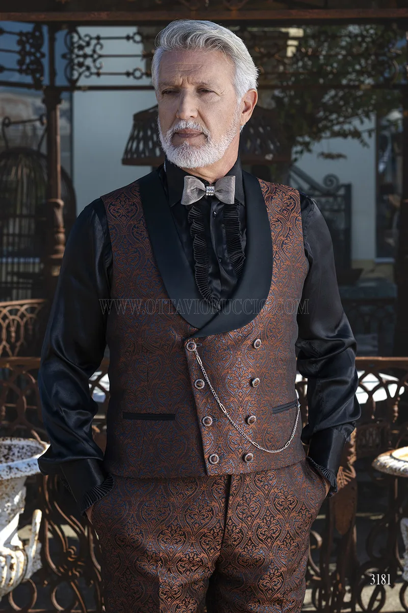 Redingote da Cerimonia Uomo in Broccato - Marrone Bronzo – Piano americano, Gilet
