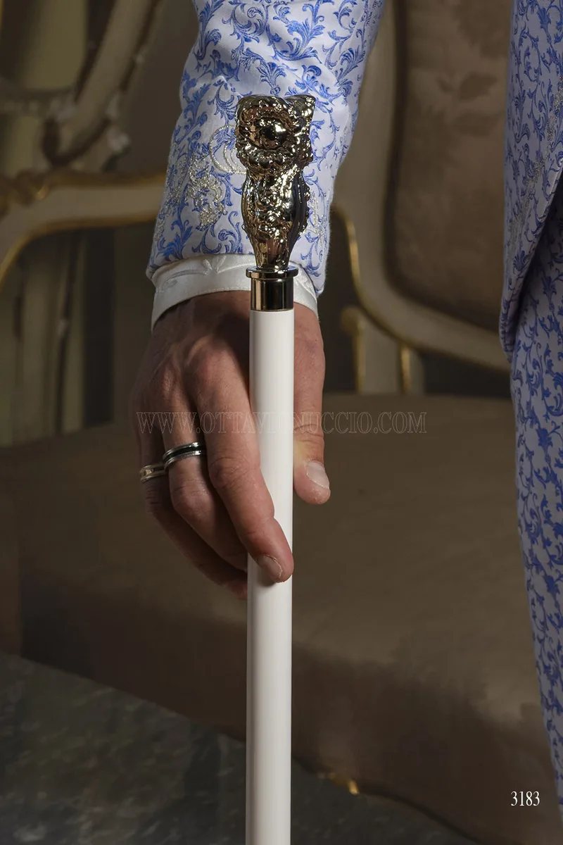 Redingote de Cérémonie Blanche et Bleue avec Broderies Argent – Canne