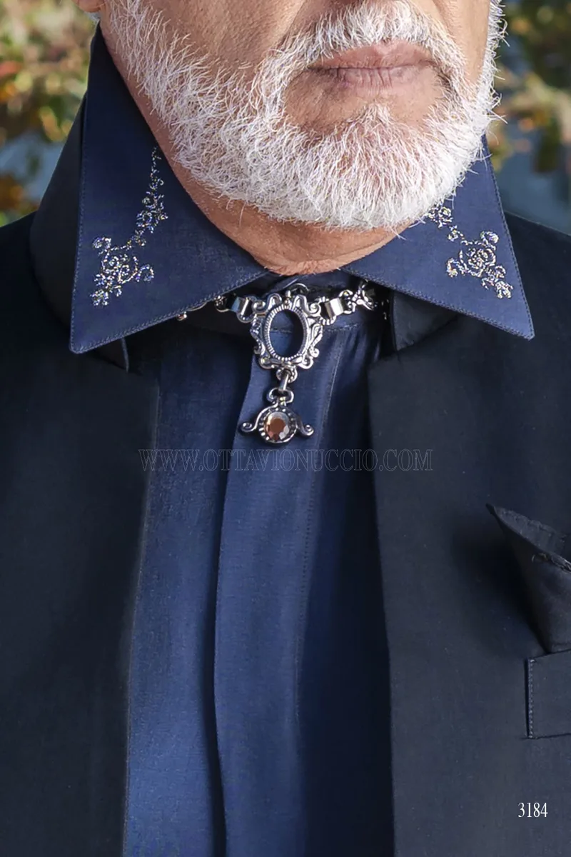 Costume de Cérémonie Homme Bleu Col Mao avec Chemise Lurex – Détail