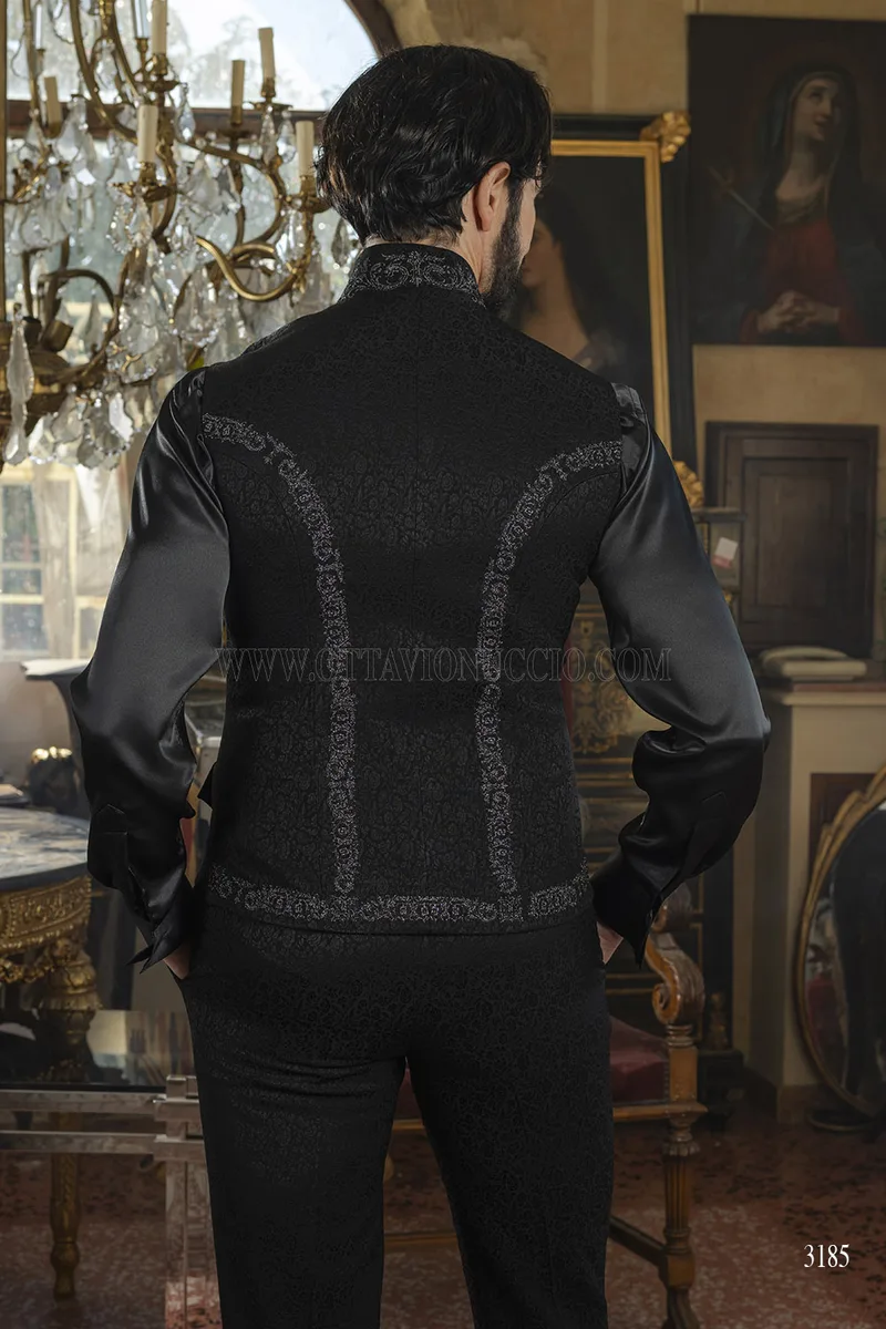 Gilet collo coreano jacquard nero con ricami nero-argento