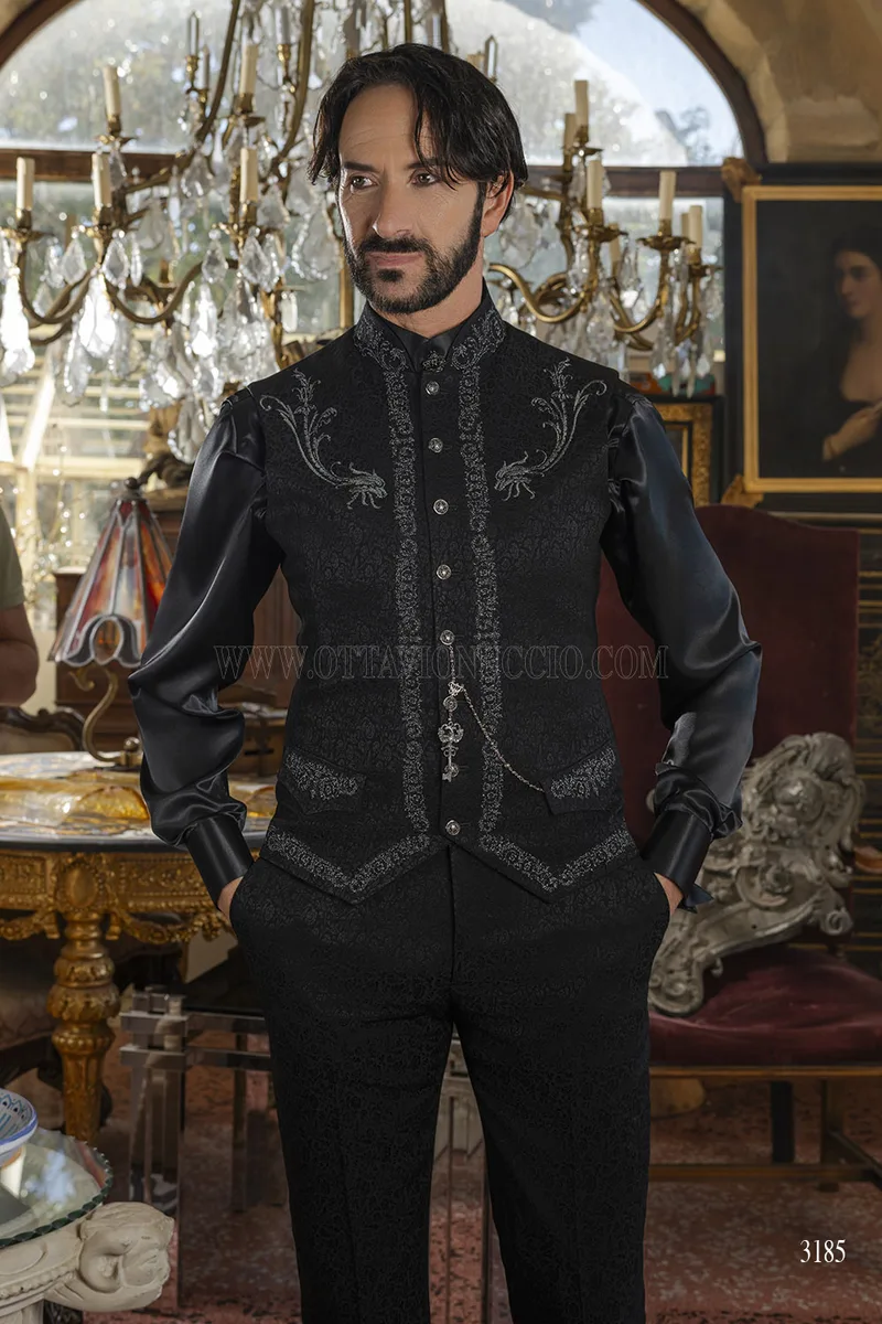 Gilet collo coreano jacquard nero con ricami nero-argento