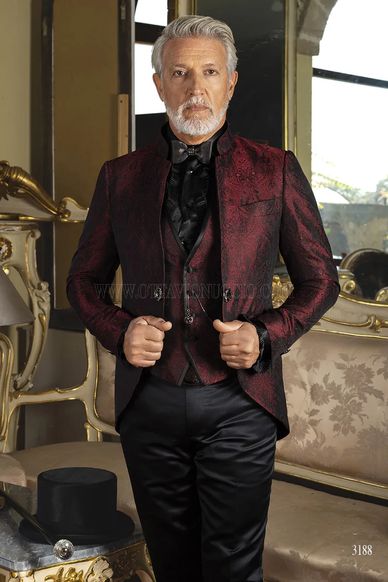 Vestito Sposo Redingote Collo Coreano Damascato Bordeaux – Piano americano