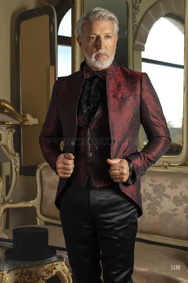 Vestito Sposo Redingote Collo Coreano Damascato Bordeaux – Piano americano