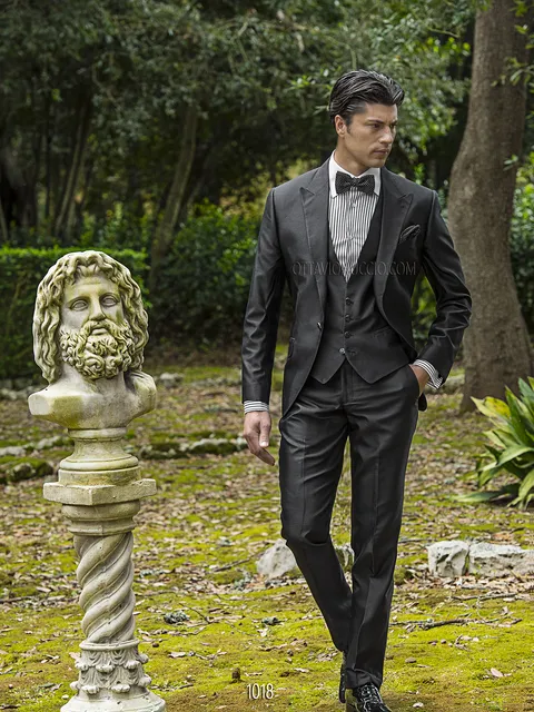 Men's groom suit in black silk blend shantung