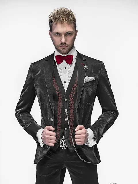 Groom suit in glossy black with red embroidered waistcoat