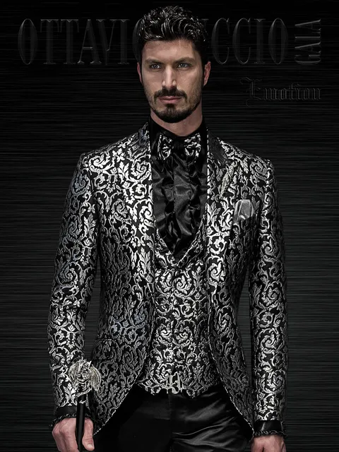 Groom suit with black and silver damask jacket