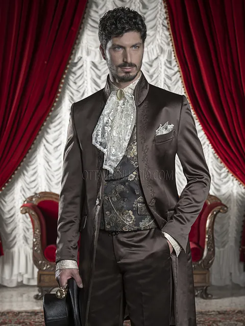 Men's groom suit in brown satin with bronze embroidery