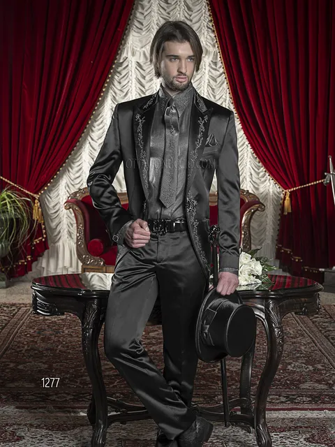 Groom suit in black satin with black and silver embroidery
