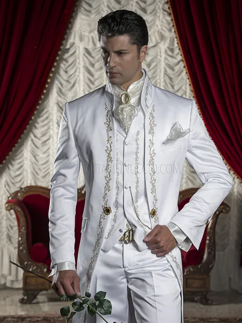 Men's Barocco groom suit in white satin with gold embroidery