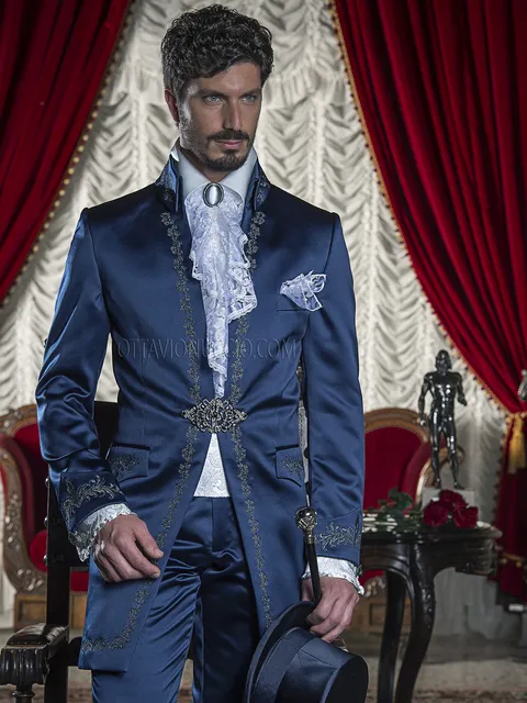 Abito da sposo damascato barocco raso blu ricamato