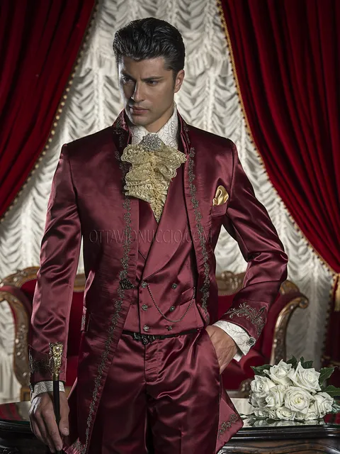 Men's barocco groom suit in red satin with black and gold embroidery