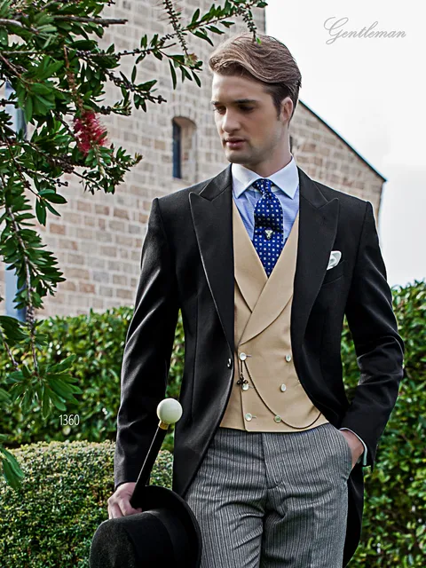 Morning suit with black jacket, striped trousers and beige double-breasted shawl lapel waistcoat