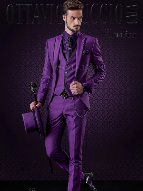 Abito moda uomo viola con profili neri a contrasto