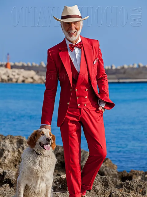 Abito uomo stile hipster in cotone rosso con gilet doppiopetto a tono