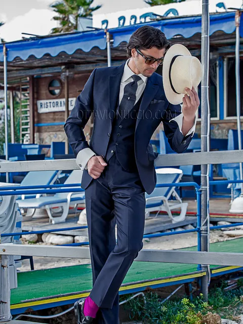 Men's blue hipster style suit in silk shantung blend with waistcoat