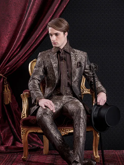 Baroque Groom Suit slim damask jacket in brown