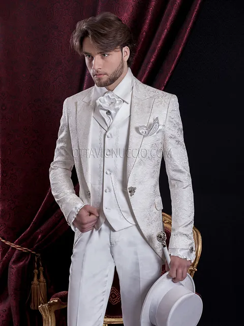 Baroque Groom Suit slim frock coat in white brocade, embroidered waistcoat