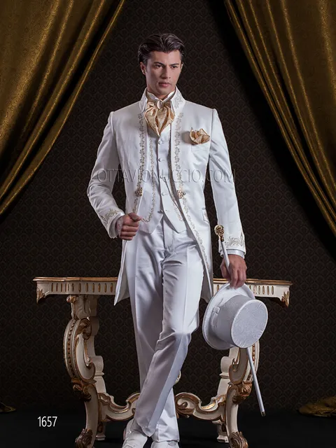 Baroque Suit long frock coat in white satin with gold embroidery