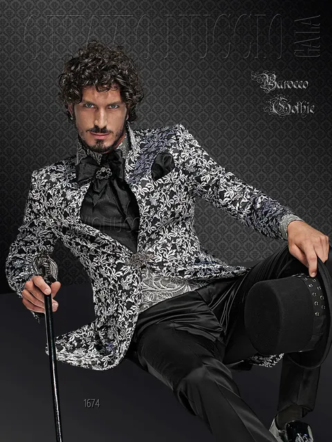 Mandarin collar groom suit in black and silver brocade