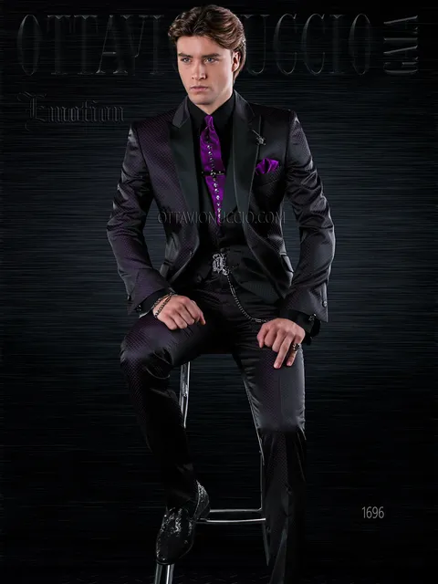 Men's groom suit in black with purple micro pattern