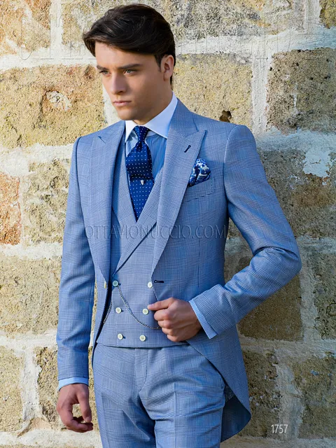 Three-piece groom morning suit in light blue Prince of Wales check