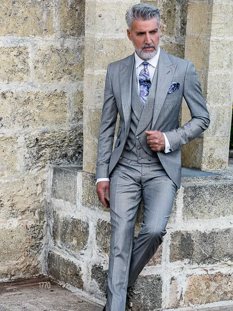 Three-piece casual groom suit in light grey