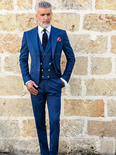 Three-piece groom suit in blue Prince of Wales check