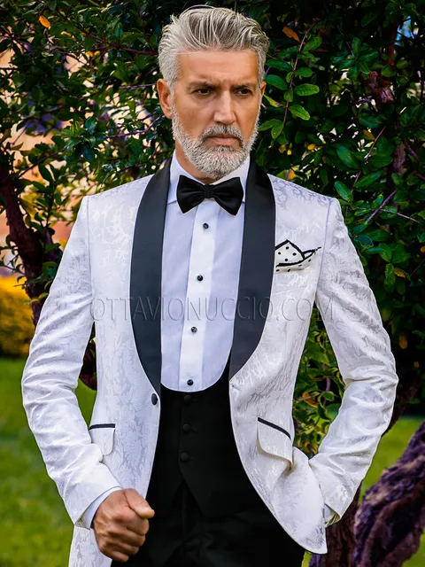 White damask tuxedo jacket with black trousers