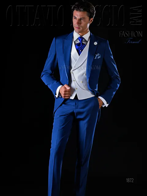 Modern groom suit in blue with white waistcoat