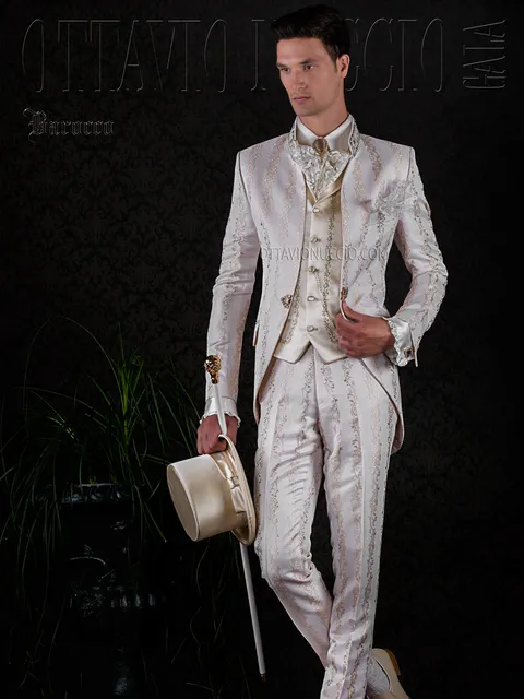 Men's groom suit in gold vintage brocade with mandarin collar