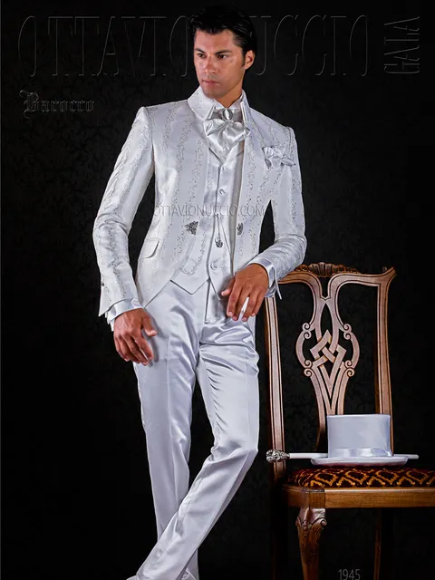 Abito sposo vintage broccato bianco | Giacca damascata bianca