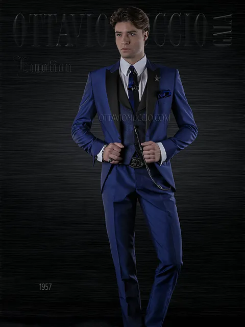 Men's modern slim fit groom suit in blue and black