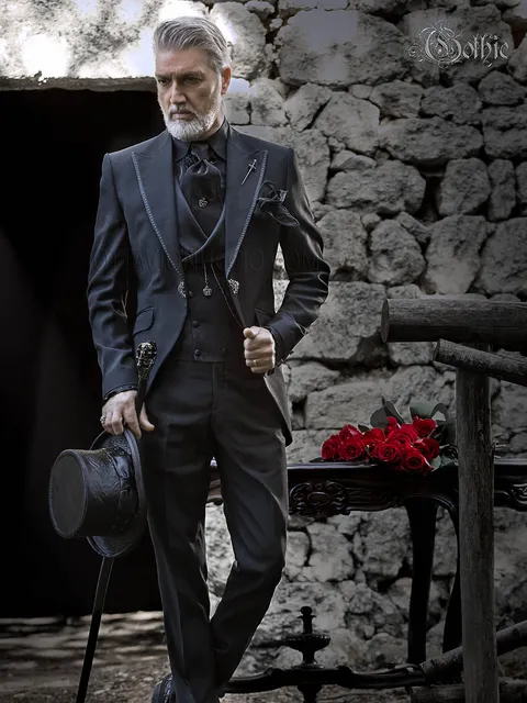 Gothic groom suit in black with appliqués on the lapel