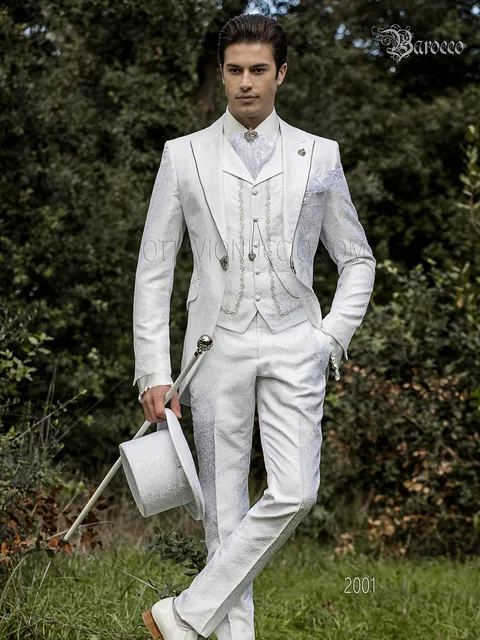 Baroque damask groom suit in white with crystal rhinestones