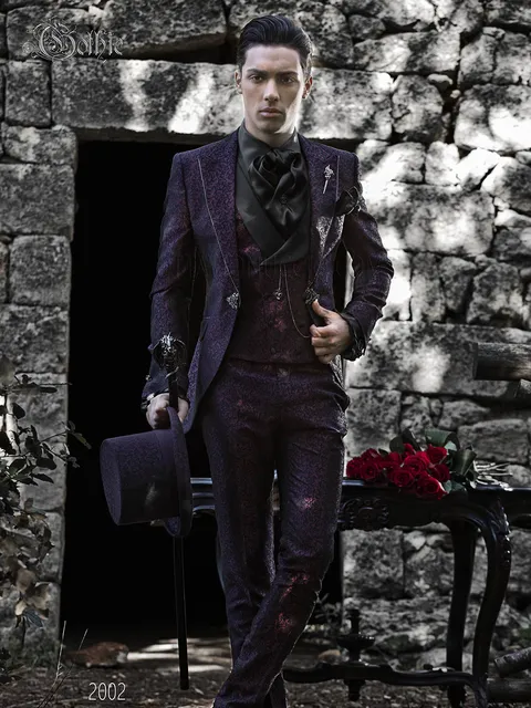 Gothic style groom suit in plum damask