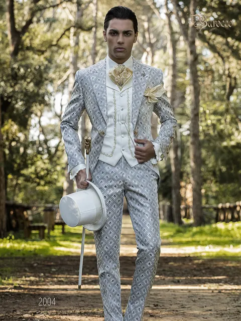 Baroque style wedding groom suit, grey brocade