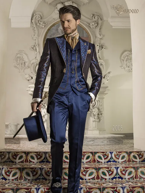 Baroque wedding groom suit with blue and gold brocade jacket