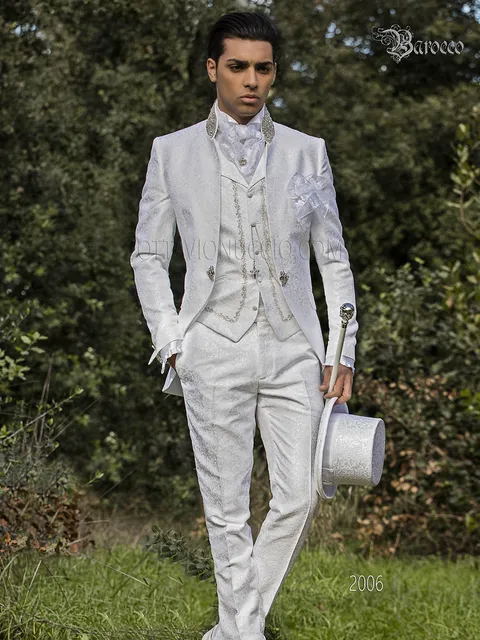 Baroque style damask groom suit in white