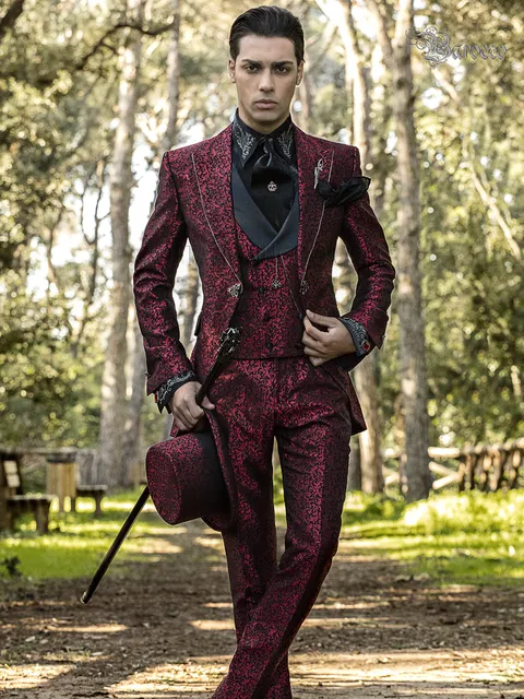Groom suit in red damask baroque style with rhinestones on lapels