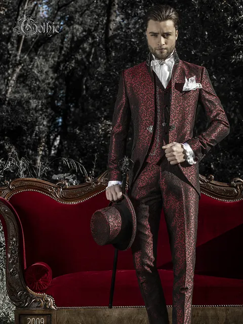 Formal groom suit in red damask gothic style