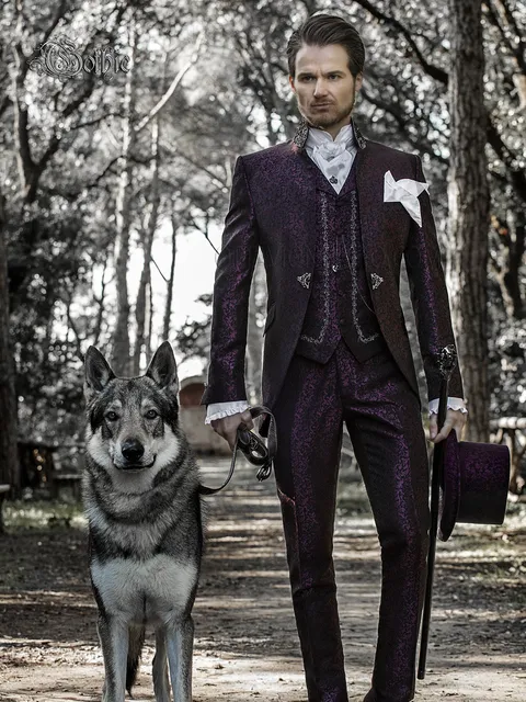 Mandarin collar groom suit in plum damask with trimming