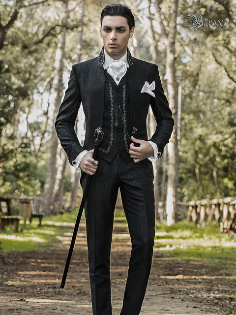 Mandarin collar groom suit in black damask baroque style
